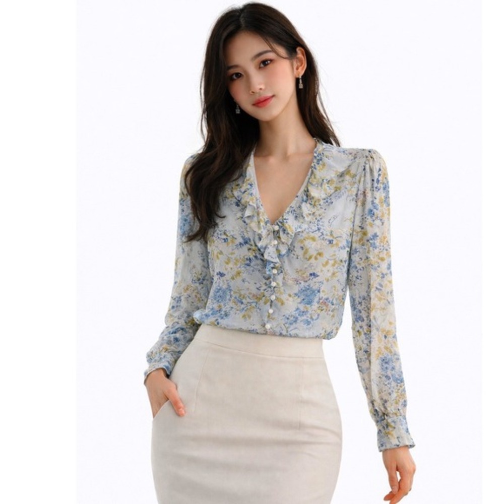 I.E. Blue Green Floral Silk Ruffle‎ V-Neck Button Down Top 10 Cottagecore 79-42